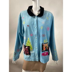 Onque Casuals Christmas Holiday Velour Jacket L Blue Velour Cotton Blend